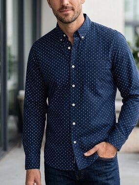 J. Crew Navy Button-Down Shirt with White Polka Dots
